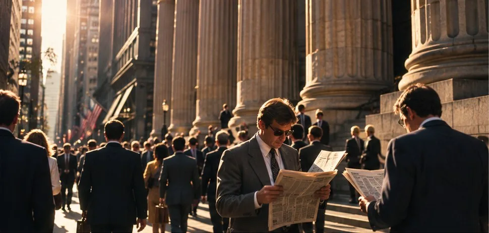 Business people reading newspapers between stone columns in Lower Manhattan